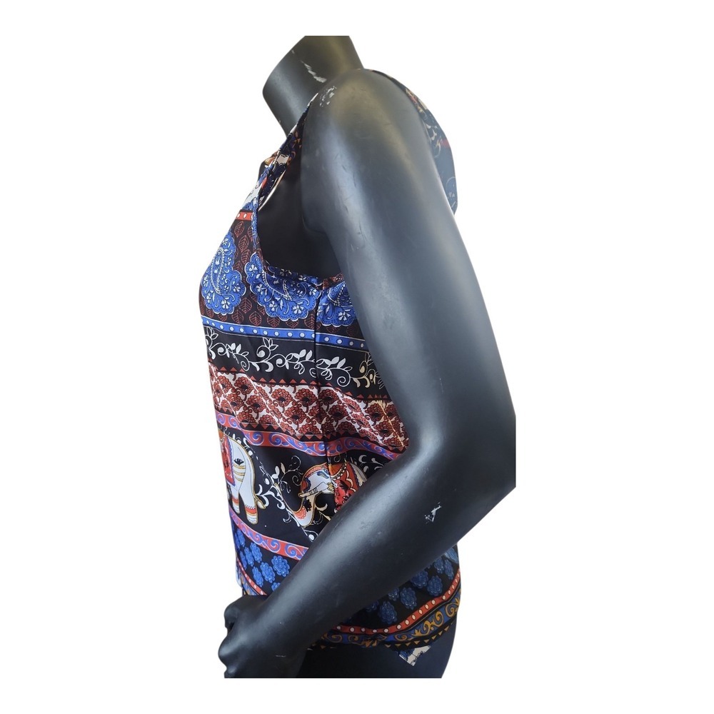 Manhattan Blues Tunic Top‎ S Boho Ethnic Elephant Print Sleeveless Curved Hem - Picture 2 of 10